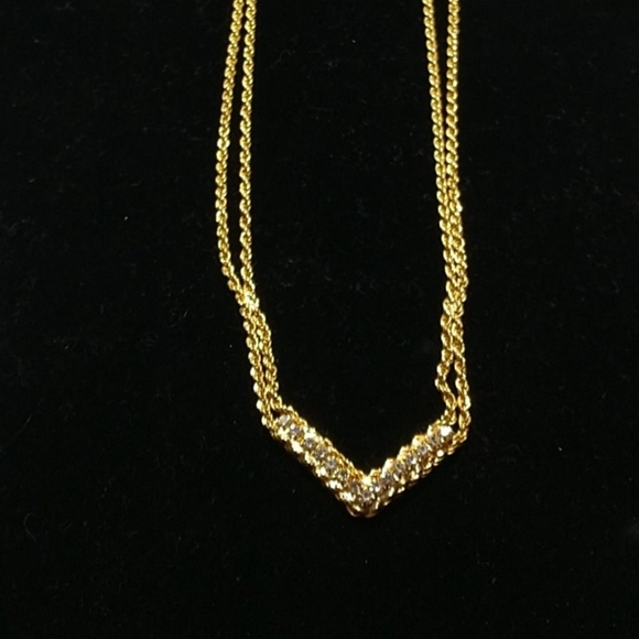 24K Gold-tone Choker Necklace Double Chain with 15  Rhinestones V Shape 16" - Picture 6 of 9